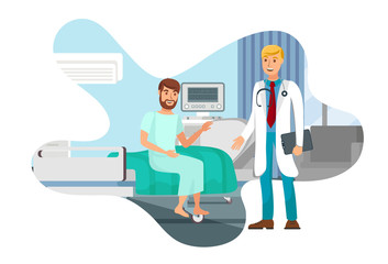 Hospital Room Flat Isolated Vector Illustration. Young Man Sitting on Bed, Doctor with Stethoscope Cartoon Characters. Patient Therapy, Rehabilitation. Recovery. Medical Examination. Design Element