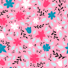 Fototapeta na wymiar seamless pattern with flowers and leaves on pink background. Spring, women's day, mother's day theme. Wallpaper, wrapping paper, textile and fabric print. 