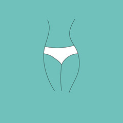 Hand drawn vector illustration of fragment womans lowers body silhouette hips in white panties on light blue background. Health menstruation hygiene concept