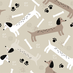 Happy dogs, hand drawn backdrop. Colorful seamless pattern with animals. Decorative cute wallpaper, good for printing. Overlapping background vector. Design illustration, dachshunds - 325346884