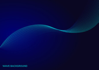 Abstract dot wave design with particle light blue on dark background.