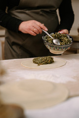 Making dumplings, manti and khinkali from minced beef, lamb and dough. homemade food