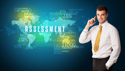 Businessman in front of a decision with ASSESSMENT inscription, business concept