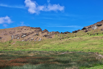 Fototapeta na wymiar Rapa Nui. The volcano crater of Rano Raraku on Easter Island, Chili