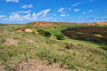 Rapa Nui. The volcano crater of Rano Raraku on Easter Island, Chili