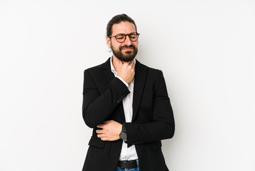 Young caucasian business man isolated on a white background suffers pain in throat due a virus or infection.