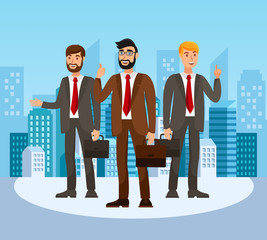 Business School Trainers Flat Color Illustration. Men in Suits with Ties Holding Suitcases Cartoon Characters. Cheerful Corporate People. Financial Assistance Service, Legal Consulting, Help