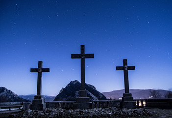 monument under the stars in urkiola natural park, basque country, spain