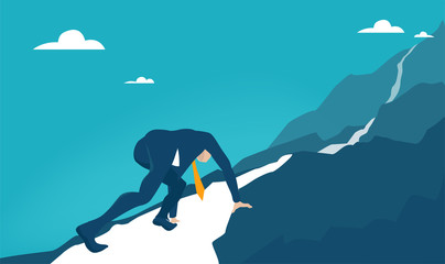 Businessman at the start line lady to run on top of the mountain. Business concept illustration