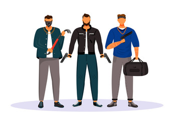 Group of gangsters flat color vector faceless character. Men with crowbar and handguns. Mob members with weapons. Criminals with guns. Criminal grouping. Isolated cartoon illustration