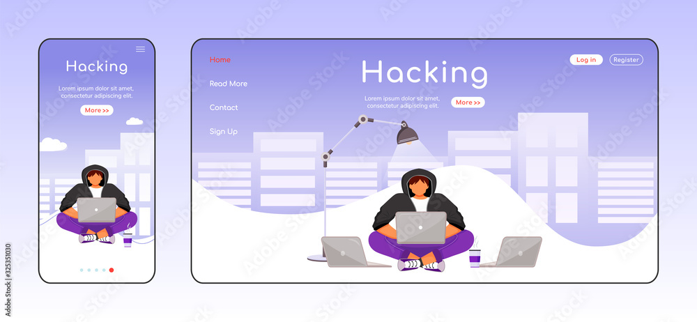 Poster hacking adaptive landing page flat color vector template. online security. hacker with laptop mobile