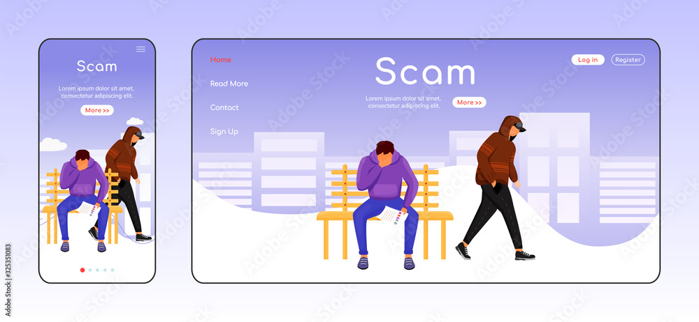 Poster scam adaptive landing page flat color vector template. blackmailing mobile and pc homepage layout. l