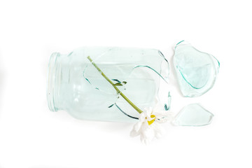 fragment of one glass jar damaged cracked and cracked, splinters on a white.Two flowers ka symbol...