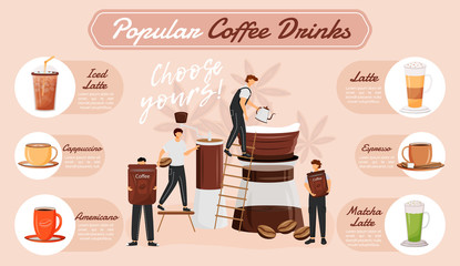 Popular coffee drinks flat color vector informational infographic template. Poster, booklet, PPT page concept design with cartoon characters. Advertising flyer, leaflet, info banner idea