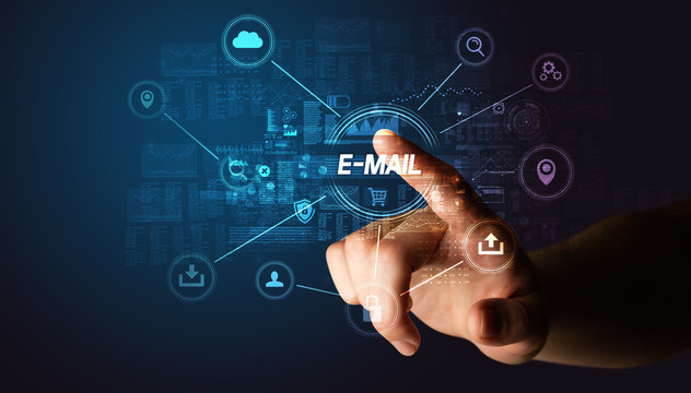 Hand touching E-MAIL inscription, Cybersecurity concept