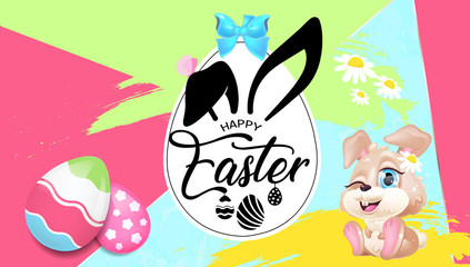 Obraz premium Happy Easter greeting card flat vector template. Pascha banner design with bunny kawaii cartoon character and eggs. Springtime holiday printable postcard, holiday invitation, horizontal poster
