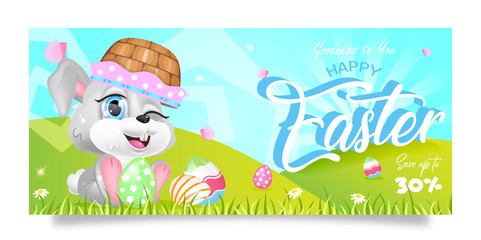 Happy Easter special offer sales banner flat vector template. Springtime themed banner, gift certificate design with bunny and eggs basket kawaii cartoon character. Printable Pascha postcard, poster