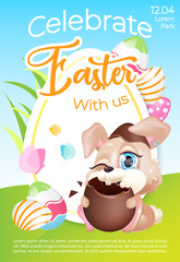 Easter holiday celebration event poster flat vector template. Eggs hunting. Brochure, booklet one page concept design with bunny kawaii cartoon character. Pascha party flyer, leaflet