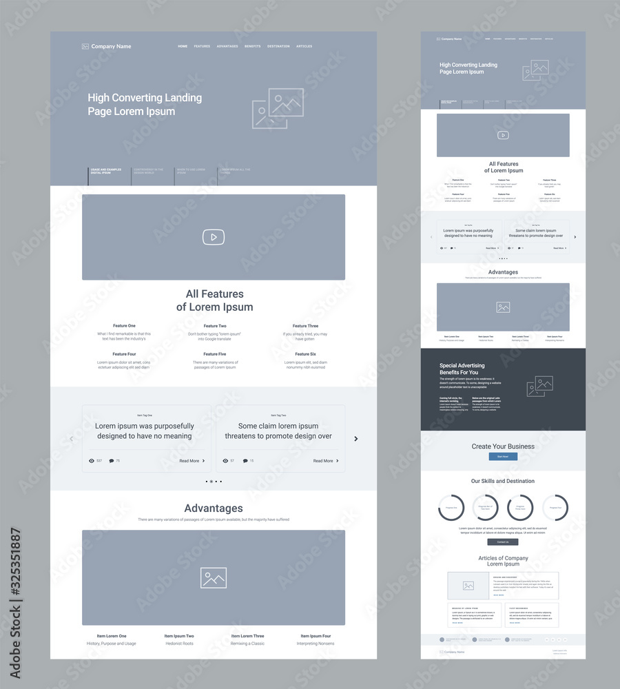 Poster landing page wireframe design for business. one page site layout template. modern responsive design.