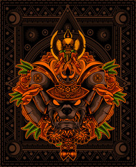 illustration vector Dog head with samurai helmet 