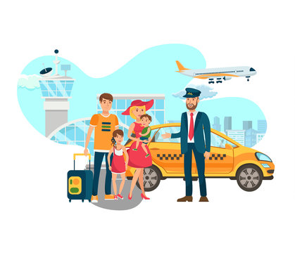 Airport Transfer, Shuttle Services Flat Vector. Happy Taxi Driver Meets Family with Luggage Isolated Cartoon Characters. Cab Chauffeur and Passengers Stand near Terminal. Cityscape. Illustration