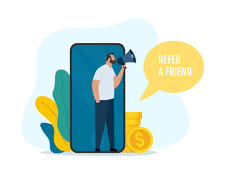 Refer a friend concept. Man with megaphone on mobile phone screen. Social media marketing. Can use for web page ui, mobile app, banner template. Flat vector Illustration.