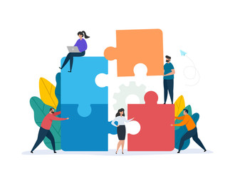 Teamwork concept with building puzzle. People working together with giant puzzle elements. Symbol of partnership and collaboration. Flat vector illustration isolated on white background. - obrazy, fototapety, plakaty