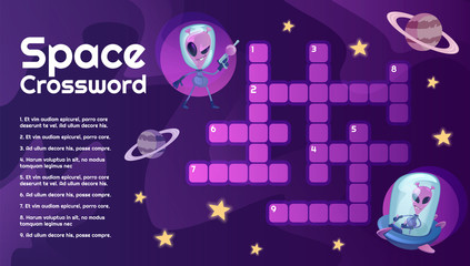 Space crossword with cartoon character template. Cosmos, Universe, planets and UFO educational kids game with questions. Celestial bodies and extraterrestrial printable flat vector layout