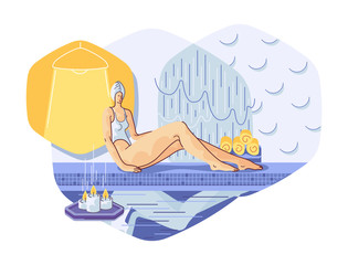 Young woman is relaxing near the Swimming Pool in SPA