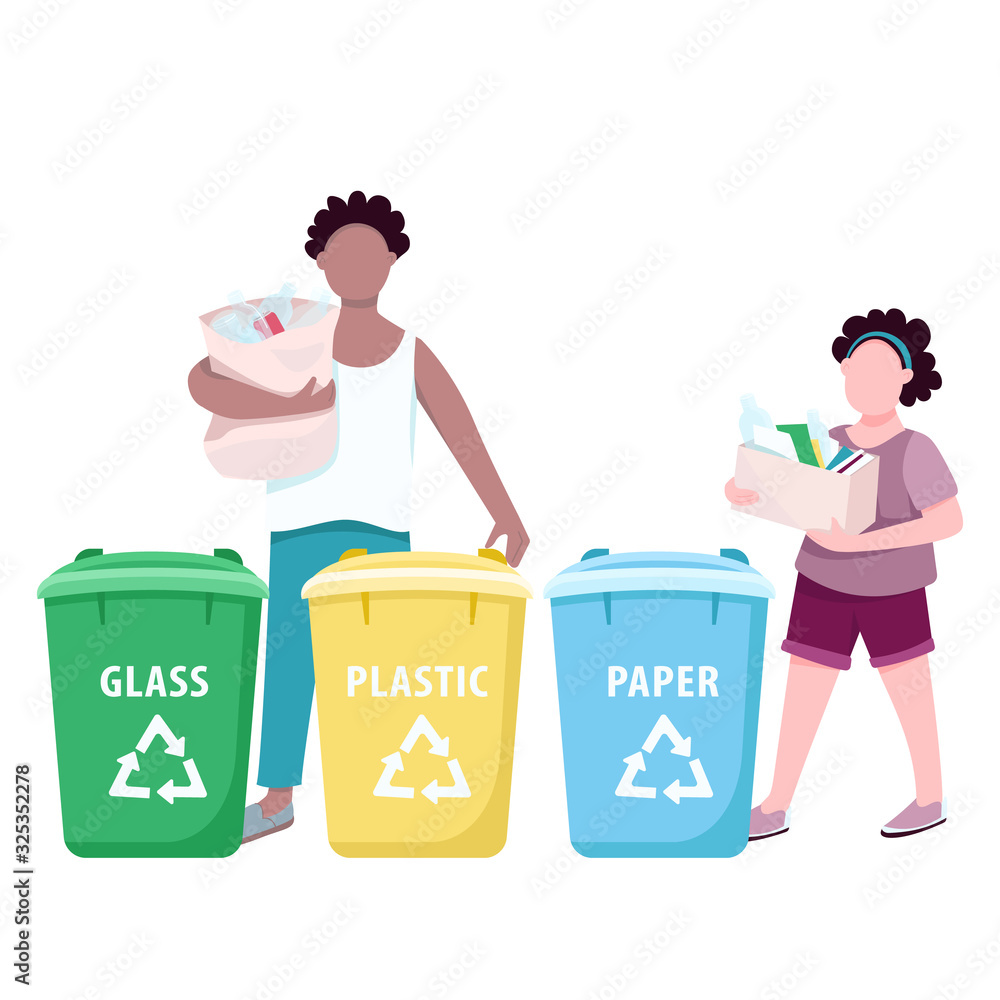 Poster people sorting trash flat color vector faceless characters. adult man and child throwing out rubbish