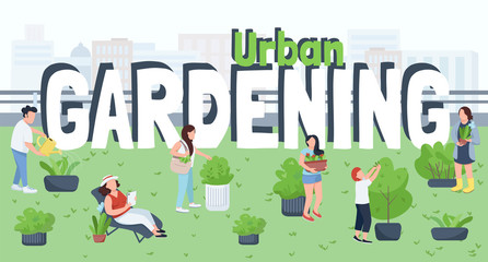 Urban gardening, landscaping flat color vector illustration. City greening, nature care. People caring plants, gardeners, male and female workers 2D cartoon characters on cityscape background