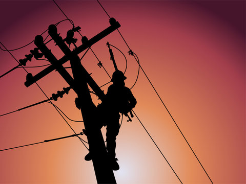 Silhouette of power lineman closing a single phase transformer on energized high-voltage electric power lines.