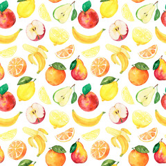 Watercolor fruits pattern, healthy food diet products. Isolated hand draw illustration.