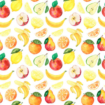 Watercolor fruits pattern, healthy food diet products. Isolated hand draw illustration.