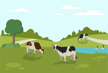 Cow Grazing on Bank Duck Swim in River Vector Illustration. Animal Farm Cattle Livestock on Field. Summer Countryside Landscape Tree Pond Blue Sky. Healthy Organic Dairy Milk Products.