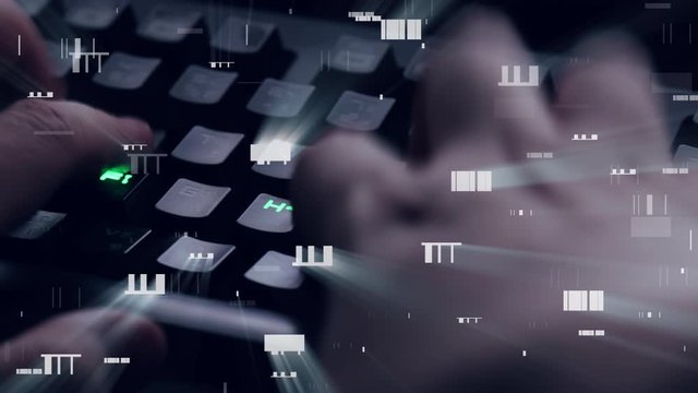 Hand typing on mechanical keyword with data packet overlay. Digital privacy and hacking concept. 