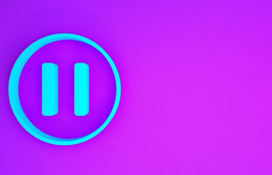 Blue Pause button icon isolated on purple background. Minimalism concept. 3d illustration 3D render