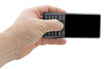 Close up hand holding black phone isolated on white