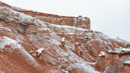 Fairy chimneys with snowy landscape at Devrent Valley in Cappadocia. Unique rock formations in Imaginary Valley in winter season in Cappadocia.