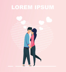 Romantic Poster or Card with Editable Title. Cartoon Couple in Love Kissing, Holding each others Hands. Girlfriend and Boyfriend on Dating. Pink Gradient Backdrop with Hearts. Vector Flat Illustration