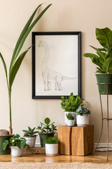 Stylish composition of retro living room interior filled with a lot of plants in different pots and black mock up poster frame on the beige wall. Vintage home garden. Minimalistic concept. Template.