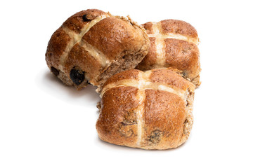 Easter wholemeal hot cross buns isolated on white