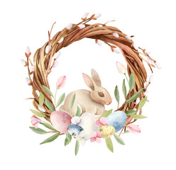 Easter wooden (woven) wreath with rabbit (bunny)