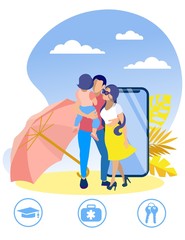 Fototapeta premium Happy Family with Boy on Hands in Panama on Beach. Insurance Policy. Vector Illustration. Reliable Protection. Insurance for whole Family. Travel Life Insurance. Man Hugs Woman on Beach.