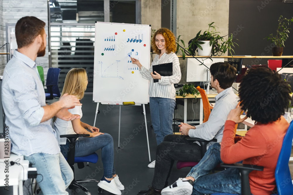 Poster young creative team analyzing information on graphs and charts