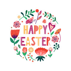 Easter cute design elements. Holiday background with flowers, leaves. Childish vector illustration