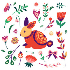 Obraz premium Cute design elements. Holiday background with bunny, egg, flowers, leaves. Childish vector illustration