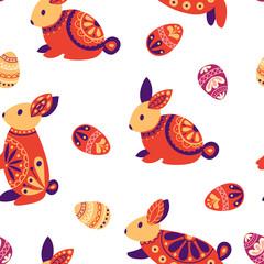 Easter seamless pattern. Holiday background with rabbit, eggs. Vector illustration