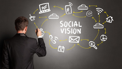 businessman drawing social media icons with SOCIAL VISION inscription, new media concept
