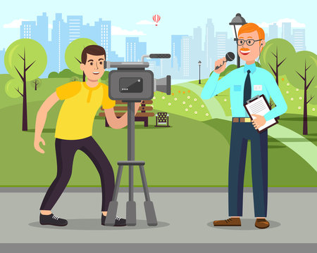 Cameraman with Camera. Journalist with Microphone. Man in Shirt and Tie. Videographer with Camera. Cityscape. Television and Technology. Working Process. Microphone in Hand. Vector Illustration.